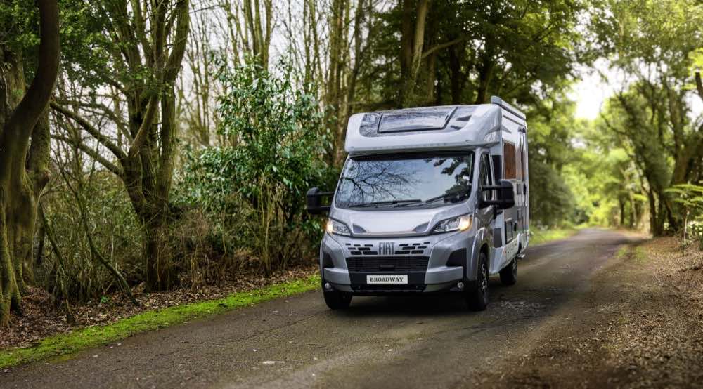 Auto-Sleepers Broadway coachbuilt motorhome parked in a woodland setting