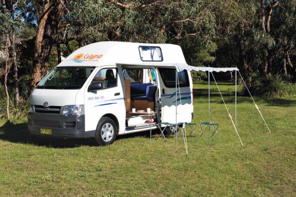 Calypso Toyota HiAce hi-top campervan with awning in the Australian bush