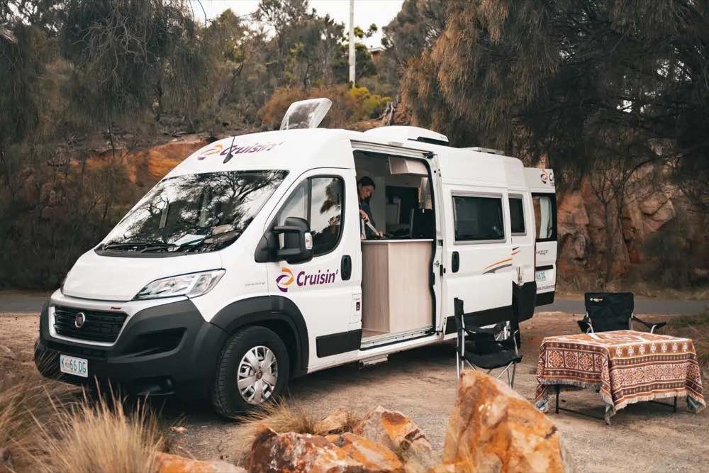 Cruisin Fiat Ducato campervan parked in the Tasmanian bush