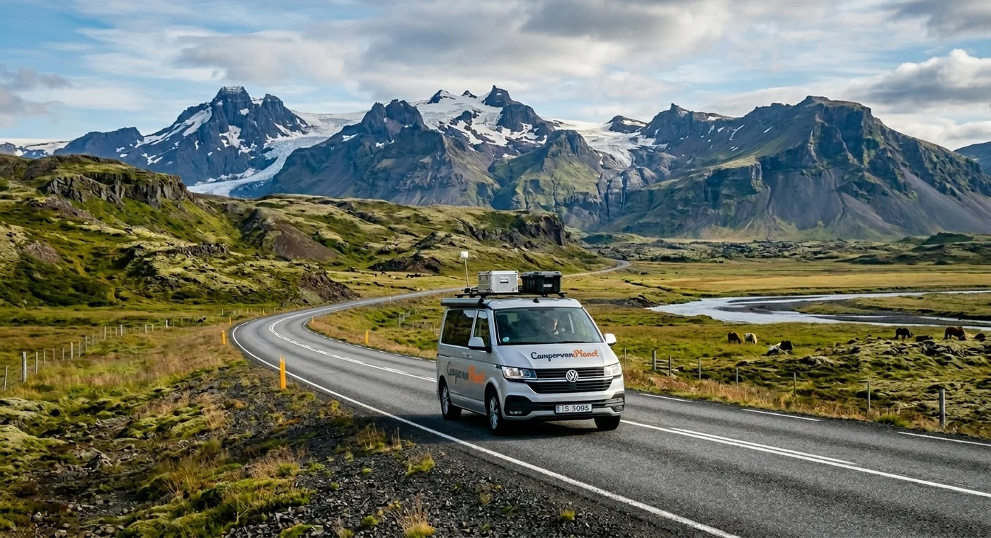 Camping-car sur la Ring Road d'Islande avec montagnes enneigées en arrière-plan
