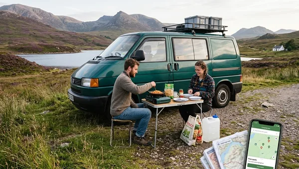 Paar kocht eine günstige Mahlzeit neben ihrem Wohnmobil an einem schottischen Highland-Loch